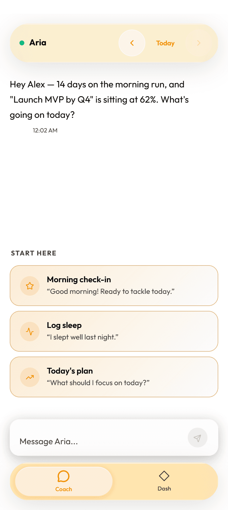 A conversation with the AI coach: streak, goals, and what to focus on today